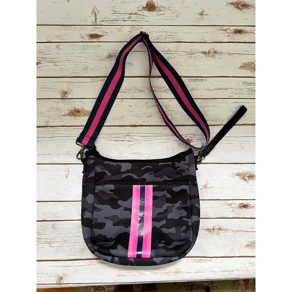 Haute Shore Crossbody Bag Gray Camo Pink Stripe Neoprene One Size